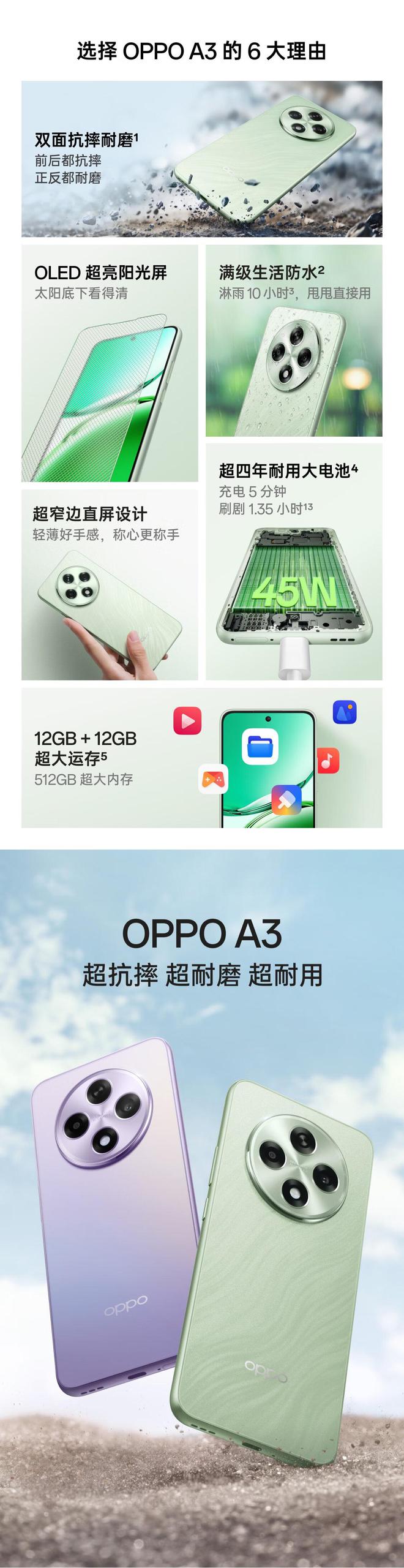 OPPO A3 8GB 128GB 新版本开售：高通 695、178g、IP65，1299 元